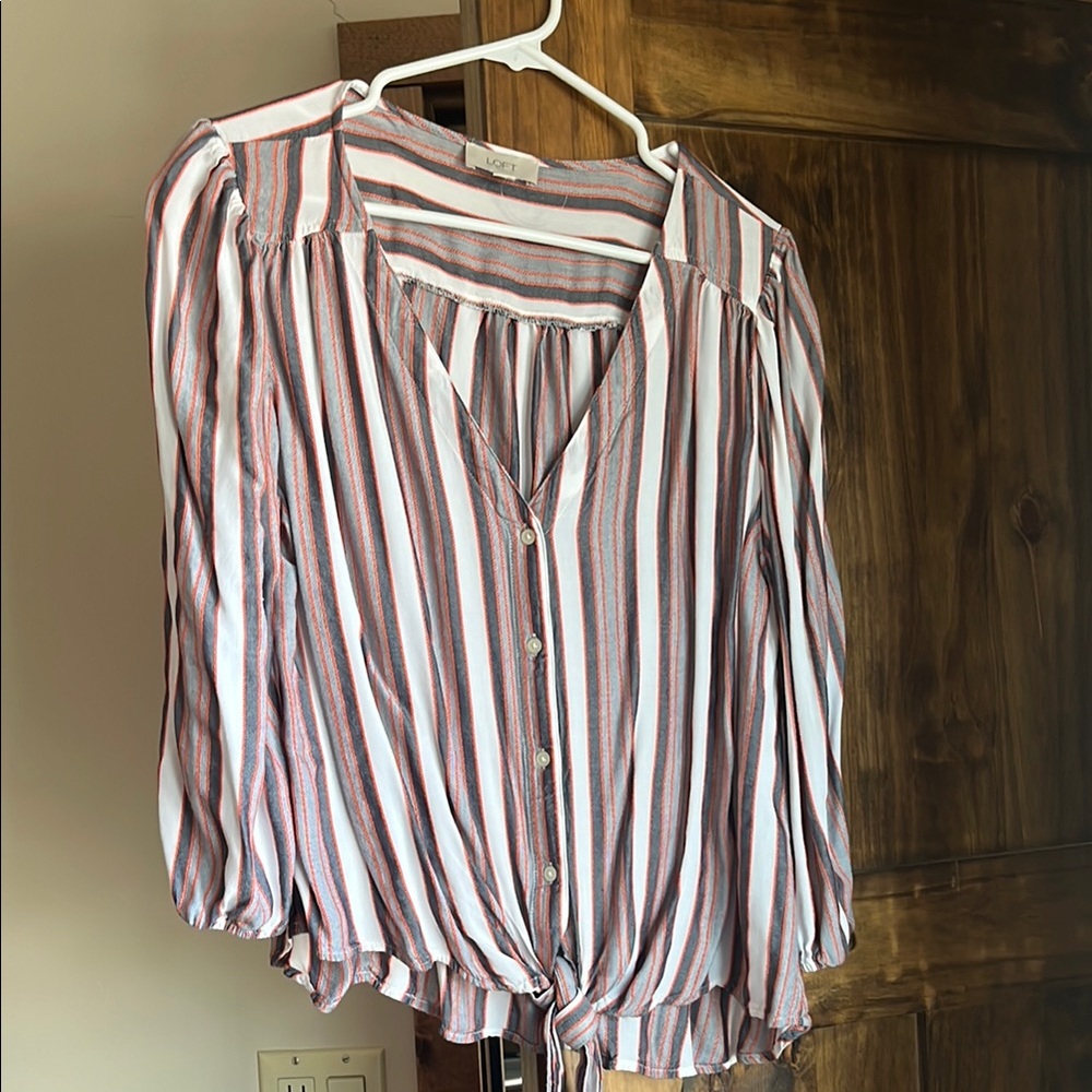 Loft Striped Button-Down Tie Front Blouse - White and Black and Orange Sz L